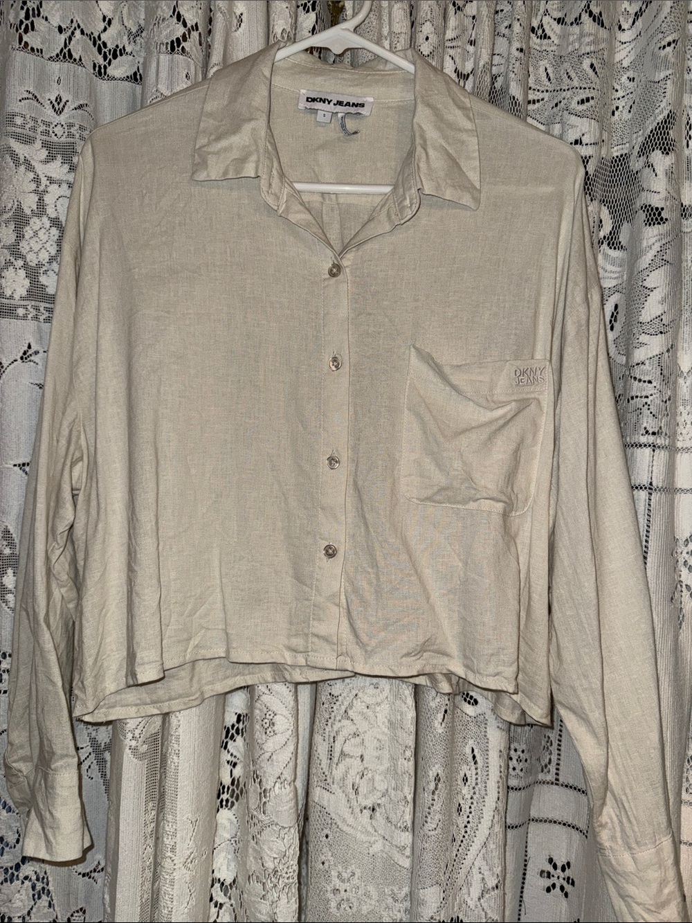 DKNY Cream Long Sleeve linen Button-Front Blouse